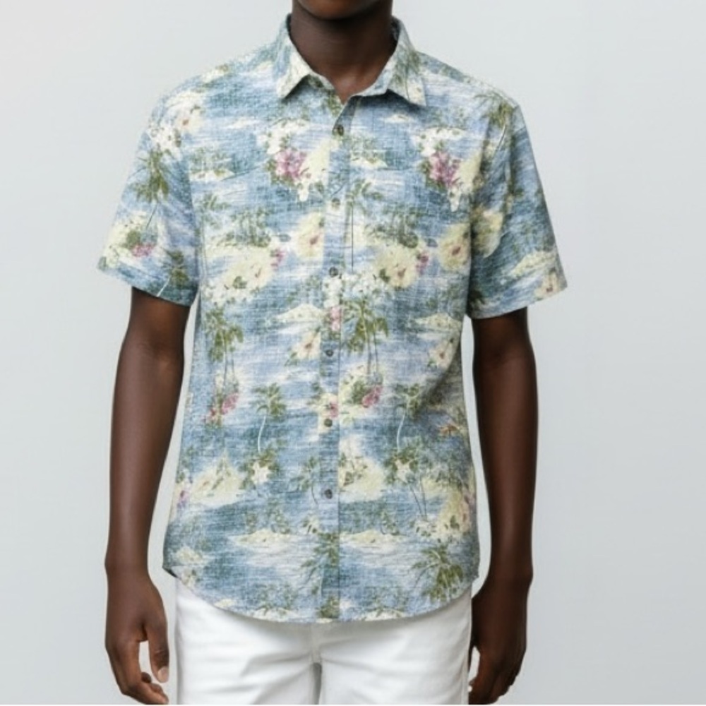 Denim & Flower Ricky Singh Shirt L Blue Slim Fit Hawaiian Button down